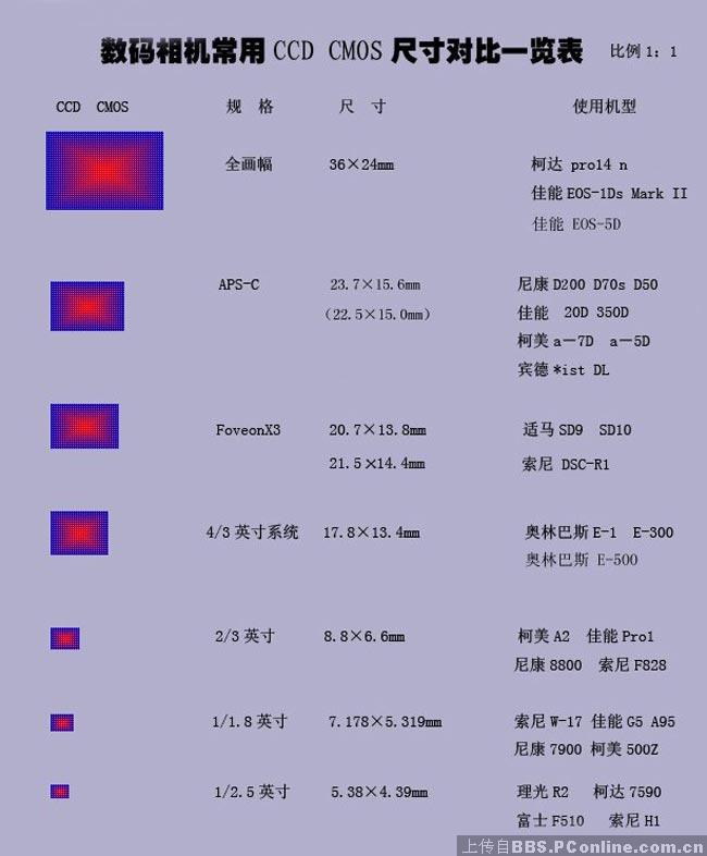 数码相机CCD.CMOS尺寸对比一览表-摄影书画